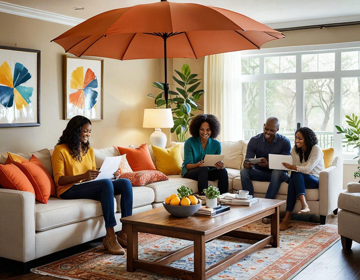 A warm and inviting scene of a diverse family happily interacting in a cozy living room, surrounded by symbols of protection like an umbrella and a shield. Include joyful couples planning together, showcasing various insurance documents and a digital device displaying relevant information. The atmosphere is bright and reassuring, symbolizing peace of mind and security. super-realistic. vibrant colors. soft lighting.