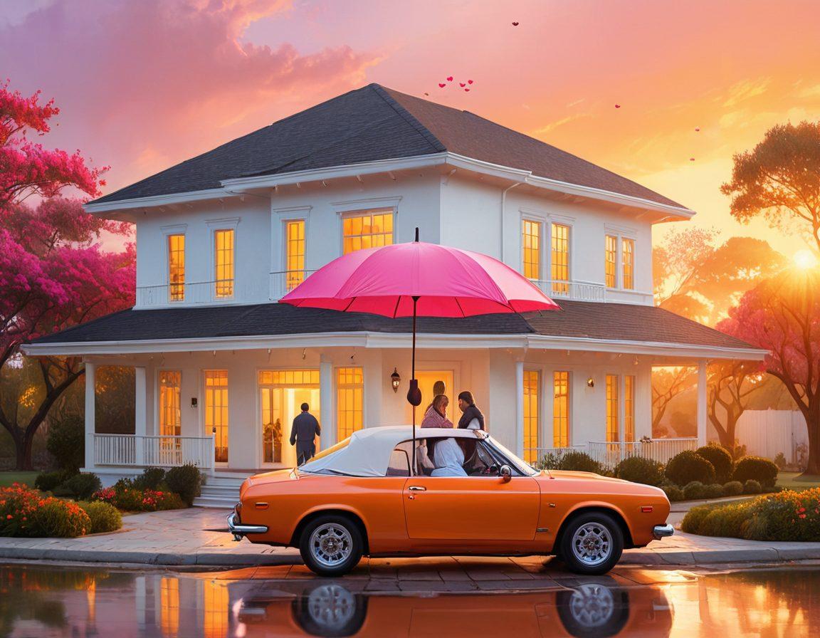 A warm and inviting illustration of a couple and their children standing under a protective umbrella shaped like a heart, surrounded by various symbols of insurance (like a house, car, and medical cross) gently floating around them. The scene should evoke a sense of safety and love, with a soft sunset in the background symbolizing warmth and security. Include vibrant colors that radiate hope and comfort. digital painting. vibrant colors. white background.