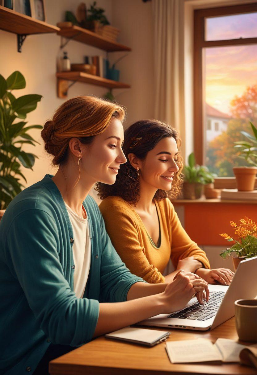 A couple sitting together at a cozy table, reviewing insurance options with a laptop open, surrounded by calm plants and soft lighting. In the background, icons of various insurance symbols like life, health, and home swirl gently around to represent financial security. Emphasize warmth and trust between the couple. vibrant colors. soft focus. illustrative style.